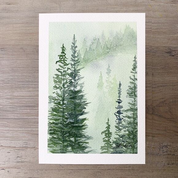 Original Watercolor Painting Misty Foggy Pines 5x7 Moody Forest Landscape Signed - Picture 2 of 3